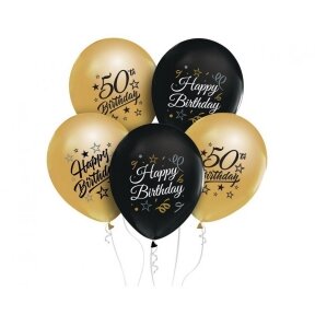 Balionų puokštė Happy birthday 50, 30 cm, 5 vnt., juoda su aukso spalva