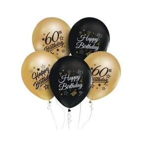Balionų puokštė Happy birthday 60, 30 cm, 5 vnt., juoda su aukso spalva