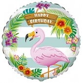 Balionas "Happy birthday", su flamingu, juostuotas, apvalus, 45cm