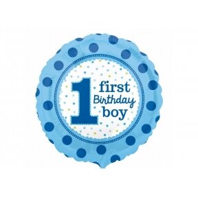Balionas "1 first birthday boy", mėlyni žirneliai, užrašas baltame fone, 45cm