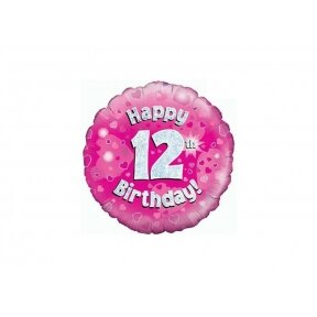 Balionas "Happy 12th birthday", su dvyliktuoju gimtadieniu, rožinis, 45cm