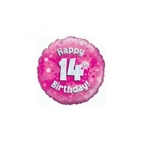 Balionas "Happy 14th birthday", su keturioliktuoju gimtadieniu, rožinis, 45cm