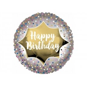 Balionas "Happy birthday", baltas užrašas ant veidrodinio paviršiaus, apvalaus įvairiaspalvio konfeti fonas, 45cm