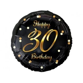 Balionas Happy birthday su skaičiumi 30, 46 cm, juodas su auksu