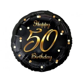 Balionas Happy birthday su skaičiumi 50, 46 cm, juodas su auksu