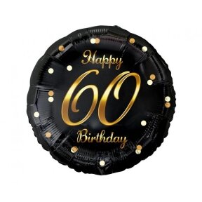 Balionas Happy birthday su skaičiumi 60, 46 cm, juodas su auksu