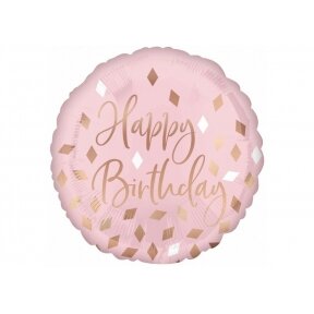 Balionas "Happy birthday", šv. rožinis su auksiniu užrašu ir rombo formos konfeti, 45cm