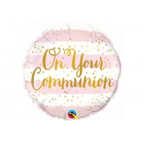 Balionas "On your communion", tavo pirmaj komunijai, baltai/rožinės juostos su aukso užrašu ir žirneliais, 45cm