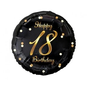 Balionas Happy birthday su skaičiumi 18, 46 сm, juodas su auksu