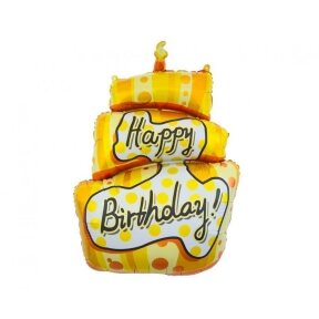 Balionas Tortas su žvakute ir Happy birthday užrašu, gelsvai auksinė spalva (79 cm x 53 cm)