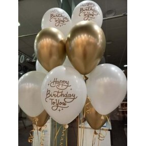Balionų puokštė "Happy birthday to you", balionas su užrašu 4vnt., aukso spalvos balionas su veidrodiniu efektu 4vnt., baltas balionas 4vnt., viso 12vnt. balionų.
