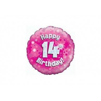 Balionas "Happy 14th birthday", su keturioliktuoju gimtadieniu, rožinis, 45cm