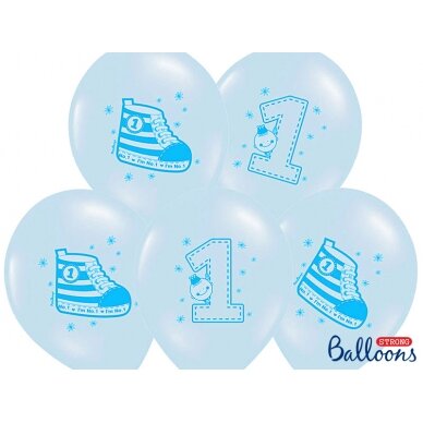 Balionų puokštė "1 gimtadienis", žydros spalvos, 5vnt. latekso balionai
