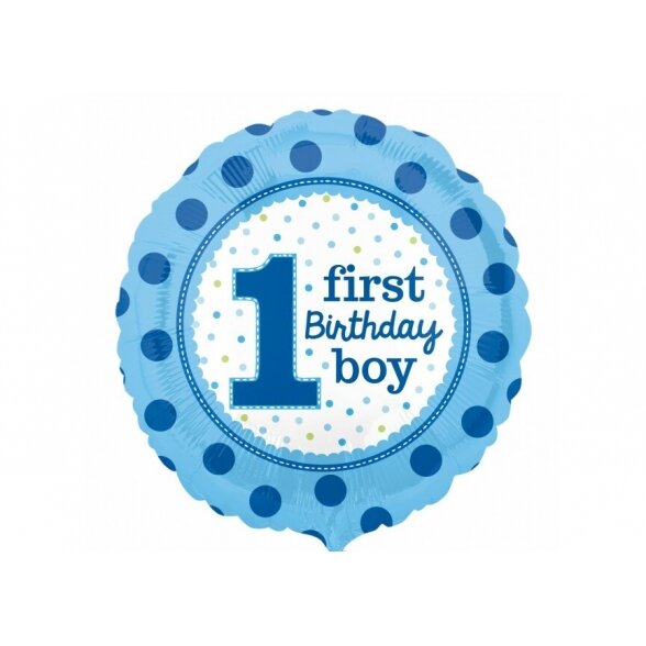 Balionas "1 first birthday boy", mėlyni žirneliai, užrašas baltame fone, 45cm