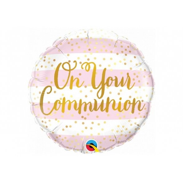 Balionas "On your communion", tavo pirmaj komunijai, baltai/rožinės juostos su aukso užrašu ir žirneliais, 45cm