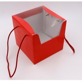 Dovanų dėžė, raudonas kartonas, baltas vidus, užvožiama skaidriu dangčiu iš viršaus, su rankenėlėmis šonuose nešimui, Italija. 21x21x21cm