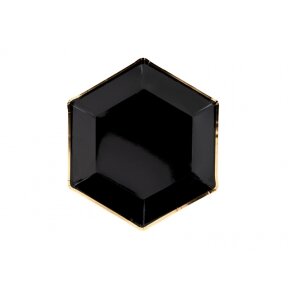 Lėkštė šešiakampio formos, juoda su aukso spalvos krašteliu, 23cm, 6vnt