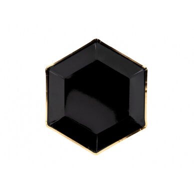 Šešiakampio formos lėkštutė, juoda su aukso spalvos krašteliu, 23cm, 6vnt.