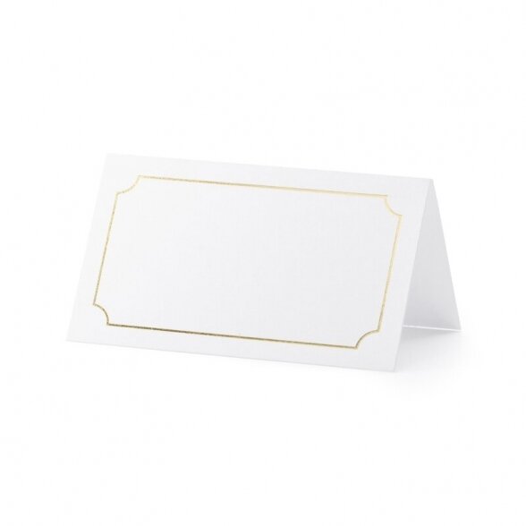 Sėdėjimo vietos kortelė, balta su aukso spalvos dekoru (rėmeliu), 10vnt 1
