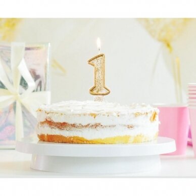 Torto žvakė skaičius 1, balta su auksu