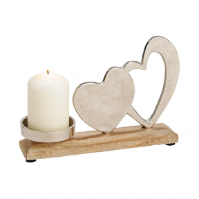 Žvakidė dvi širdys, metalas, medis (23 cm x 16 cm x 5 cm)