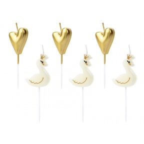 Žvakutės tortui, širdelės formos, aukso spalva, gulbė princesė, balta su aukso spalva, apie 4cm, 6vnt