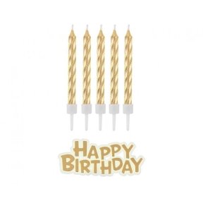 Žvakutės tortui su papildomu užrašu Happy birthday, aukso spalvos, 8 cm, 16 vnt. pakuotė