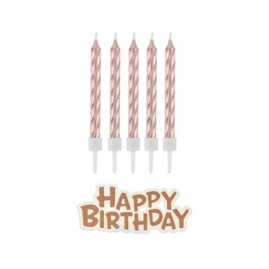 Žvakutės tortui su papildomu užrašu Happy birthday, rožinio aukso spalvos, 8 cm, 16 vnt. pakuotė