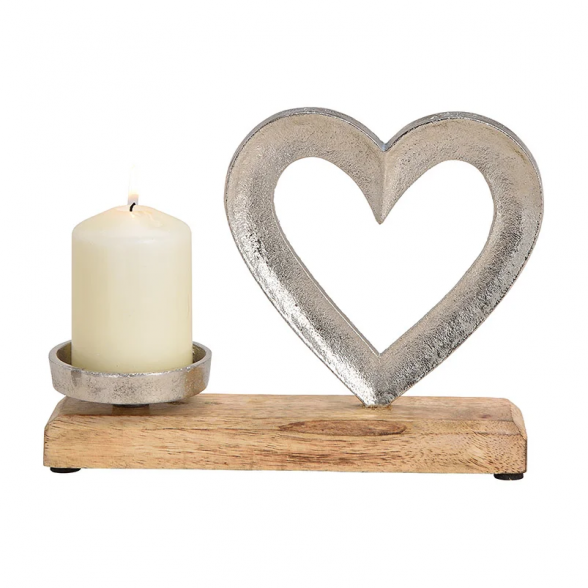 Žvakidė ir širdis, metalas, medis (24cm x 18cm x 8cm)